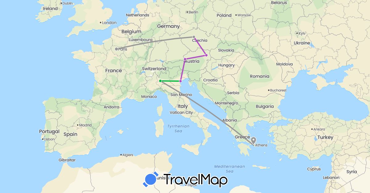TravelMap itinerary: driving, bus, plane, train in Austria, Czech Republic, France, Greece, Italy (Europe)